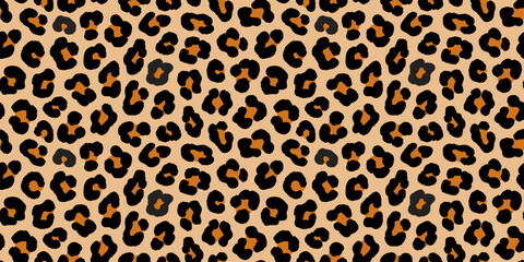 Seamless pattern with leopard texture with black and brown spots on beige backdrop. Fashion stylish wallpaper print design template. Animal jaguar skin background. Vector illustration © Elena Morozova