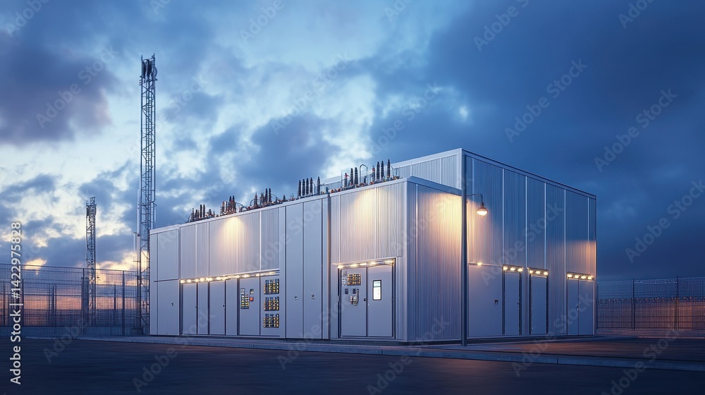Poster an industrial building with metal siding and telecom towers at twilight. use for infrastructure proj