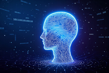 Glowing circuit human head outline made of blue lines with binary digits floating in digital space, futuristic concept of artificial intelligence. Ai generative