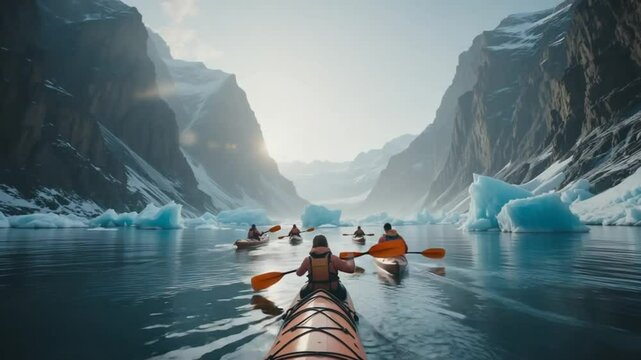 Group Kayaking Among Icebergs in Calm Waters of Alaskan Fjord