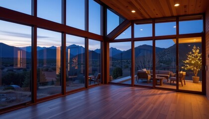 Accessory dwelling unit concept. Modern interior with glass walls showcasing a mountain view at dusk.