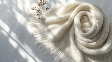 A top-down view of a neatly folded wool scarf on a white surface, illuminated by soft sunlight to bring out the softness and warmth of the fabric
