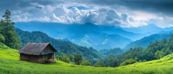 Obraz premium Rural cabin sits nestled in lush green mountain landscape