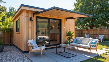 Accessory dwelling unit concept. Modern wooden cabin with outdoor seating in a lush backyard setting.