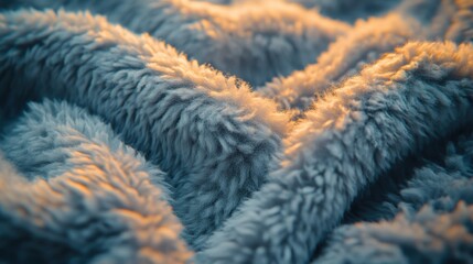 A macro shot of a cozy fleece jacket with a fluffy texture, illuminated by soft diffused light to enhance the softness and warmth of the material