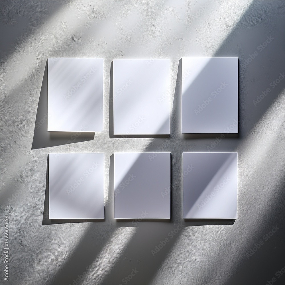 Poster six square white canvases arranged in two neat rows are mounted on a wall, illuminated by diagonal l