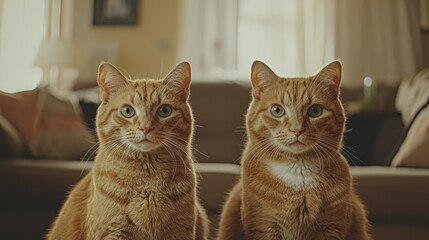 Plakat A pair of identical cats sitting together in a cozy home, showcasing the concept of cloning in a real-world setting.