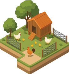 Isometric chicken farm with chicken coop and fences