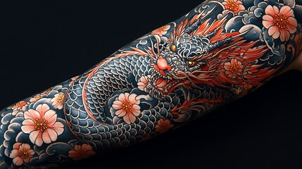 Fototapeta premium Detailed dragon tattoo featuring swirling clouds high resolution picture