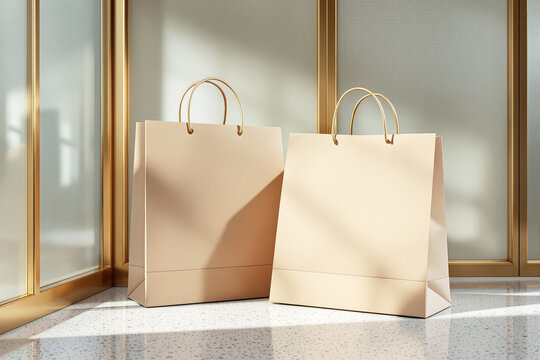 Beige paper shopping bags with handles in minimal style, standing on terrazzo floor, frosted glass background, concept of retail and eco packaging. Ai generative - Powered by Adobe