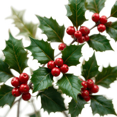 Obraz premium Close-up of holly leaves with red berries on a white background. PNG transparent.