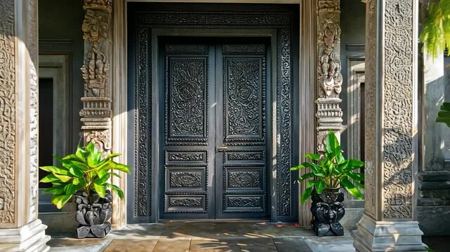 Ornate wooden door entrance of a traditional house with tropical plants