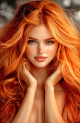 Obraz premium A beautiful woman with long red hair and blue eyes, bathed in warm golden sunlight, her skin glowing under the sun's rays.