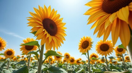 Obraz premium A field of sunflowers under a bright blue sky on a sunny day in the countryside in the summer time