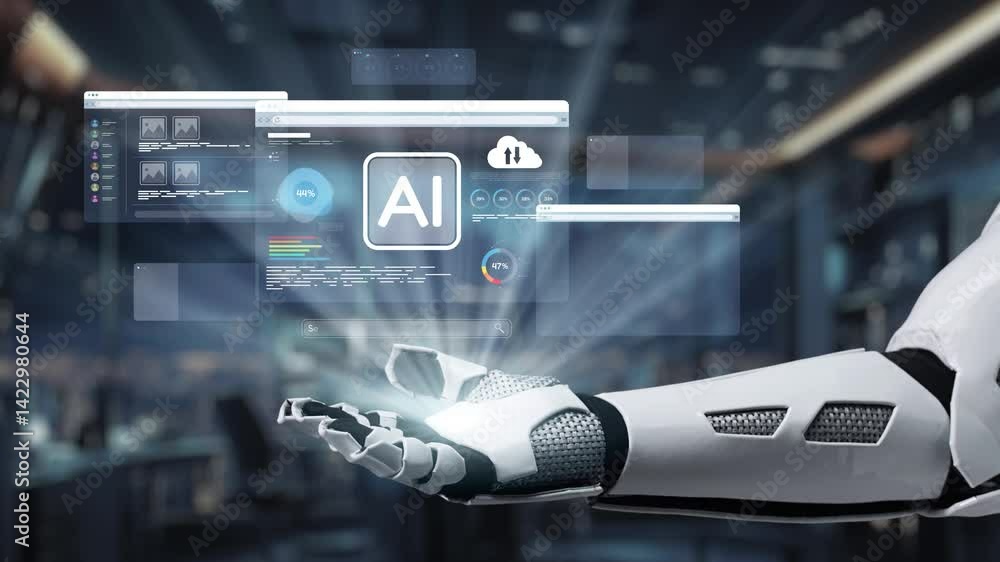 Poster a robotic hand presents an advanced artificial intelligence interface, showcasing data analytics, di