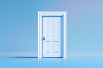 White closed door with traditional frame in a minimalistic blue room, clean background, concept of opportunity and decision. Ai generative