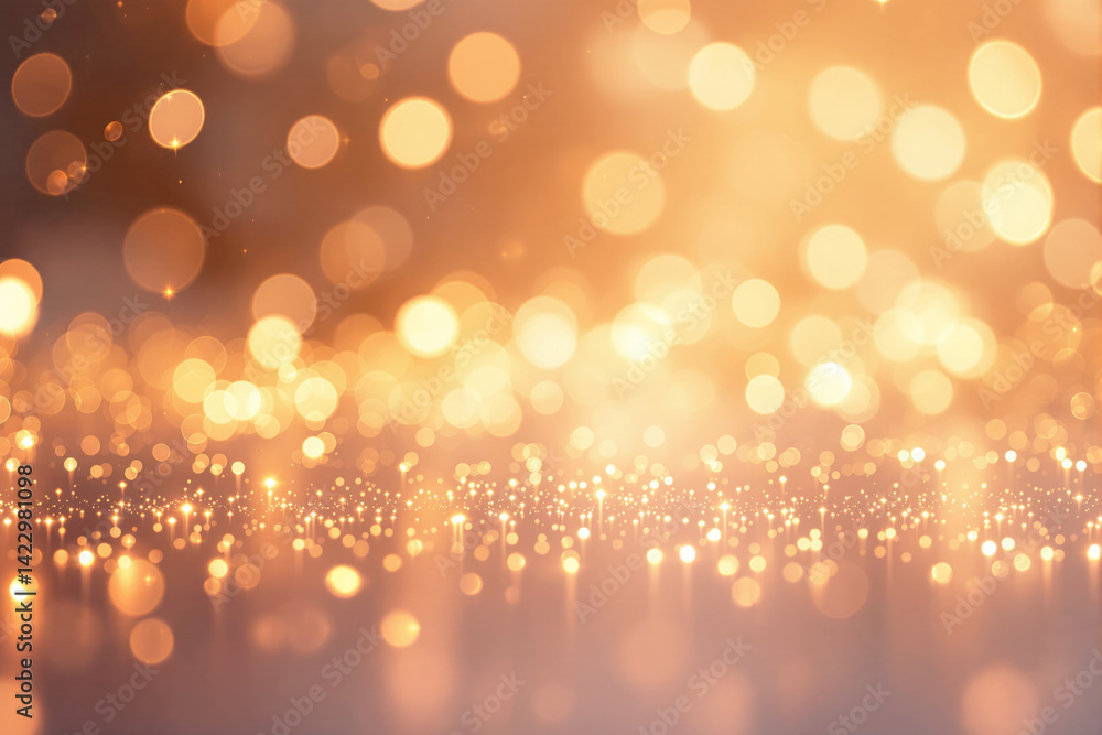 Poster golden bokeh lights with glowing sparkles on soft gradient background, dreamy festive atmosphere for