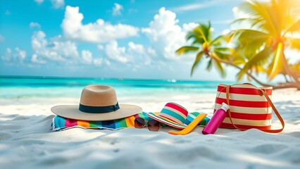 Obraz premium Perfect tropical vacation on a white sandy beach with colorful gear and stunning ocean view under sunny skies