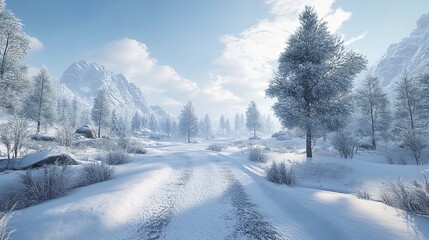Obraz premium Winter landscape. Spectacular panorama is opened on mountains, trees covered with white snow, lawn and blue sky with clouds.