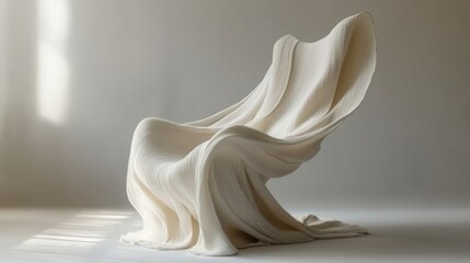 A front-facing shot of a chic sweater dress with a flowing silhouette, draped elegantly over a white chair, softly illuminated to showcase the smooth fabric and feminine cut