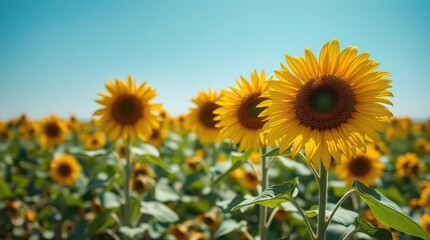 Fototapeta premium A field of sunflowers under a clear blue sky on a sunny day with a shallow depth of field creating bokeh