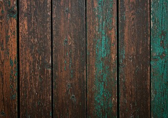 Fototapeta premium A rustic and aged distressed appearance with contrasting colors is evident on a textured wooden surface featuring brown planks with peeling turquoise paint