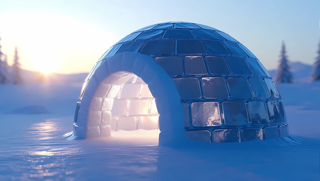 A breathtaking, digitally rendered image of a magnificent ice igloo nestled in a snowy landscape at sunrise.