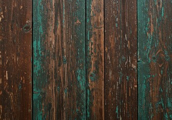 Obraz premium Featuring brown planks with peeling turquoise paint, a textured wooden surface creates a rustic and aged distressed appearance with contrasting colors