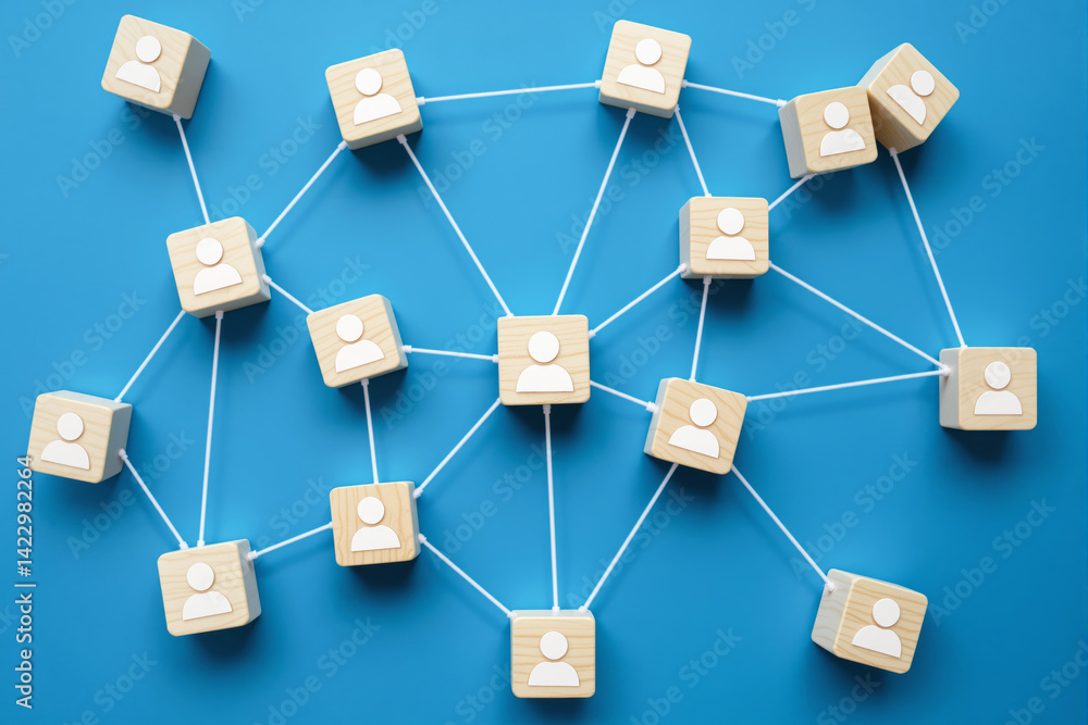 Poster wooden blocks with user icons connected by white lines on a blue background, symbolizing social netw