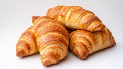 Golden croissants stacked together on a plain background, showcasing flaky layers and buttery texture perfect for breakfast