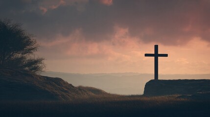 Reflective Good Friday Cross Scene at Dusk Nature Landscape Serene Environment Inspirational Viewpoint
