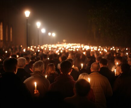 Candlelit Good Friday Procession Urban Night Scene Religious Event Community Gathering Wide Shot View