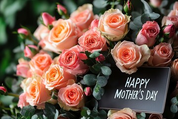 Elegant Light Peach Roses Bouquet with "HAPPY MOTHER'S DAY" Inscription, Decorated Wooden Sign with Flowers and Greenery, Soft Lighting Background for Joyful Celebration Atmosphere