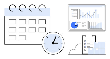 Calendar with a clock, progress report on a screen, checklist, and charts. Ideal for time management, productivity, planning, scheduling, goal setting project tracking simple landing page