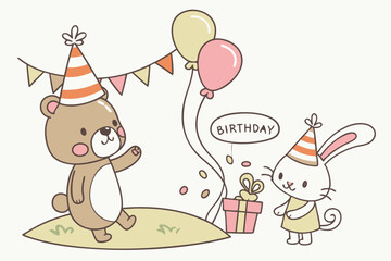 Cute Birthday Animals with Balloons, Gift, and Banner Vector