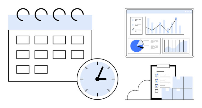 Calendar with a clock, progress report on a screen, checklist, and charts. Ideal for time management, productivity, planning, scheduling, goal setting project tracking simple landing page