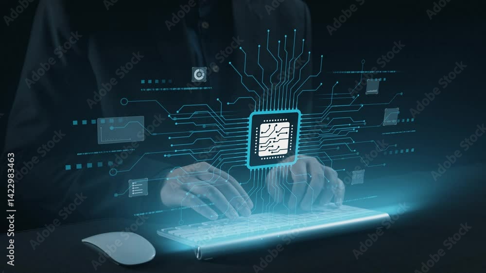 Poster this image captures a futuristic concept of technology, showing hands on a keyboard with a digital i