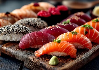Sushi platter on wooden board