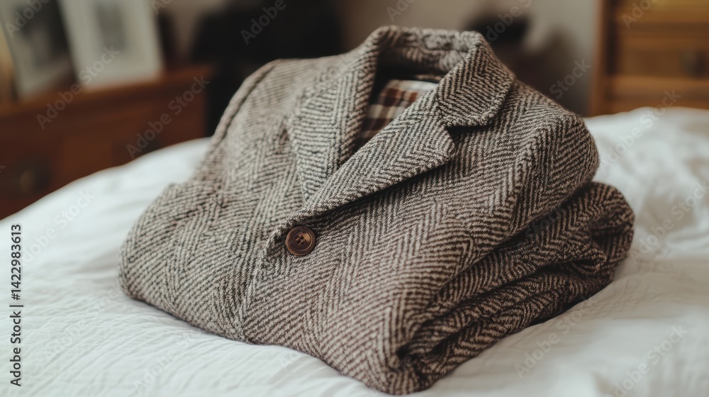 Wall mural a top-down view of a folded casual jacket with a plaid design, placed on a white surface, illuminate