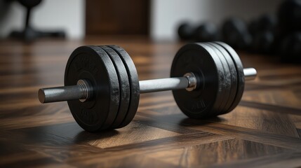 A close-up of an adjustable weight dumbbell set on a sleek wooden floor modern and minimalistic fitness aesthetic soft textures