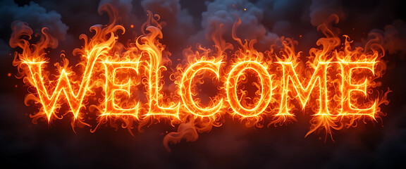 WELCOME' formed from neon-orange fire with a magical flicker.
Transparent background, fantasy or enchanted style.