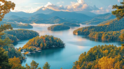 Autumn lake, mountain vista, sunrise, fog, travel