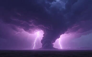 a surreal thunderstorm with a massive spiraling supercell cloud formation over an open field, intense lightning bolts illuminating the dark purple sky, dramatic and moody atmosphere, ultra-detailed di