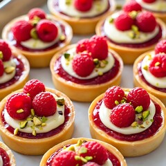 Fototapeta premium elegant raspberry white chocolate tartlet has golden shortcrust pastry shell filled with red raspberry sauce, with creamy white chocolate ganache