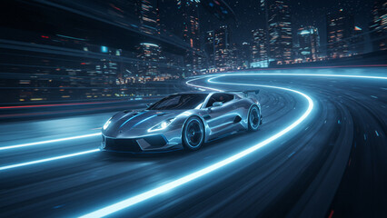 A high-tech sports car accelerates on a vibrant motor racing track produced by artificial intelligence