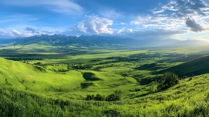 Naklejka premium Serene Valley Landscape: Rolling Hills & Mountains