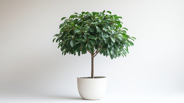 A front-facing shot of a large ficus tree with glossy leaves and a tall trunk, placed in a white pot against a white background, softly illuminated to showcase its elegant, tropical appearance
