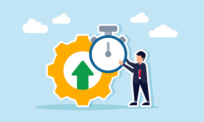 Businessman holding a stopwatch beside a gear with an upward arrow, illustration of time required for maintenance