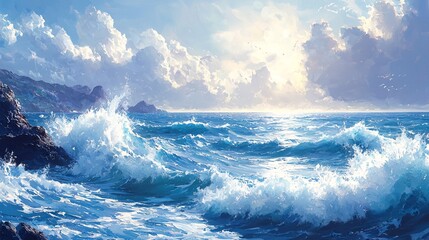 Fototapeta premium The surging waves hit the rocks