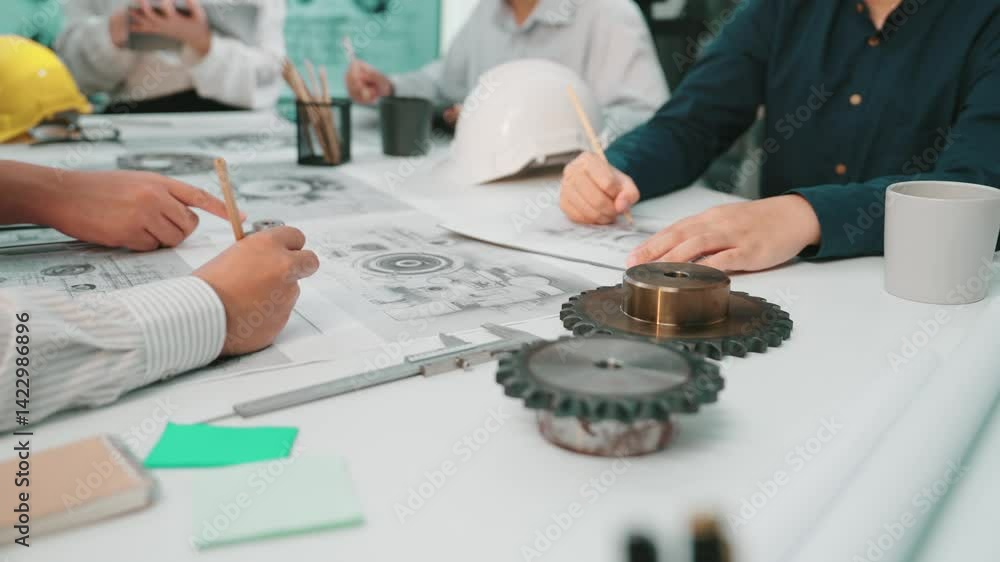Poster a team of engineers engages in a focused discussion over technical drawings and mechanical designs i